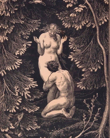 Peinture de Max Svabinsky (1873-1962) Série “In Paradise” (vers 1918). Un homme de dos faisant un cunnilingus à une femme le regardant, les deux étant dans une forêt.