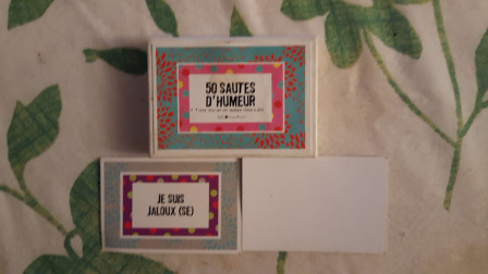 Carte marquée «Je suis Jaloux(se)» à coté d'une autre carte retournée et de la boite où est tirée les deux cartes marquée «50 sautes d'humeur»