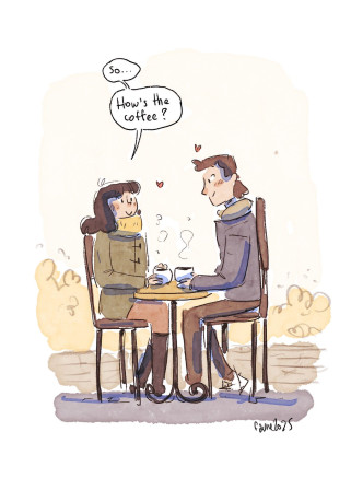 La femme et l´homme prennent un café dehors en hiver, les deux semblent amoureux. La femme dit «Alors… Comment est le café ?»