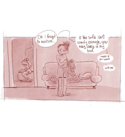 Un homme se prépare à dormir sur le canapé chez une amie. Ele  lui dit «Oh j'ai oublié, si le canapé nést pas assez confortable, tu peux dormir dans mon lit. Je veux dire si tu veux. avec moi »